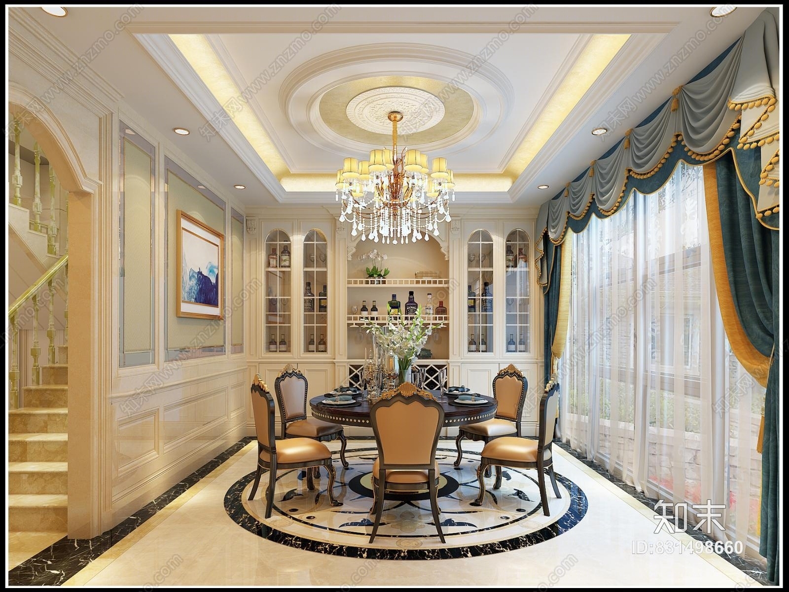 简欧餐厅3D全景模型3D模型下载【ID:831498660】