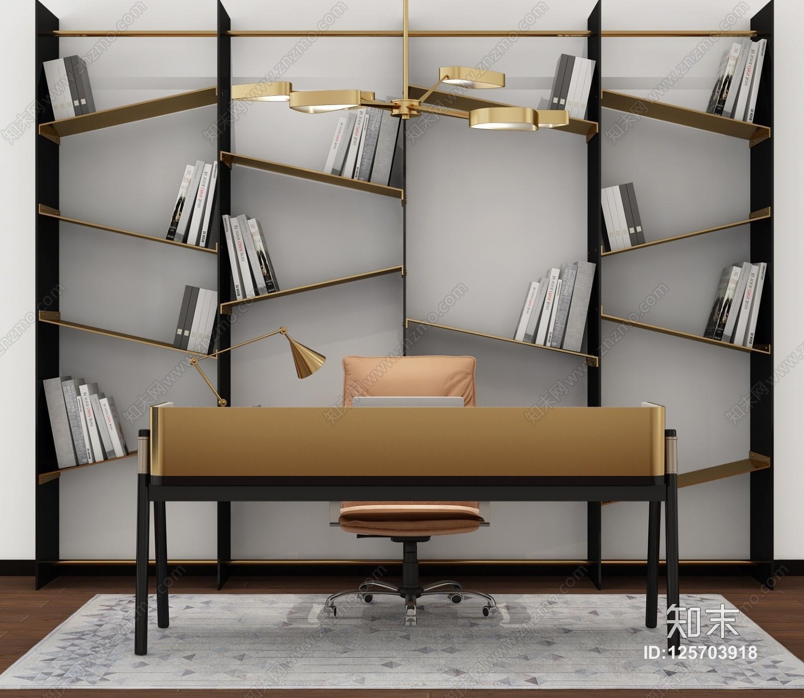 现代书桌书柜组合3D模型下载【ID:125703918】