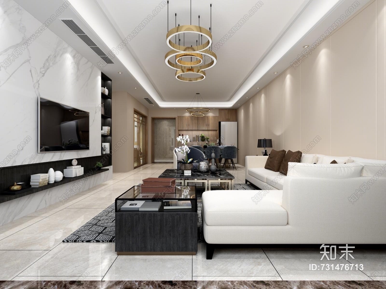 现代客厅沙发餐桌吊顶3D模型下载【ID:731476713】