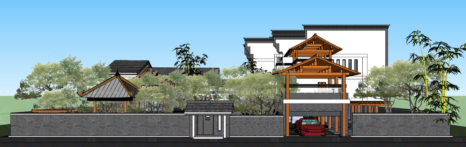 新中式四合院别墅寺庙SU模型下载【ID:332704200】