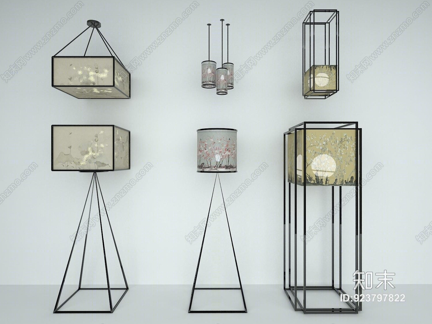 新中式灯具组合3D模型下载【ID:923797822】