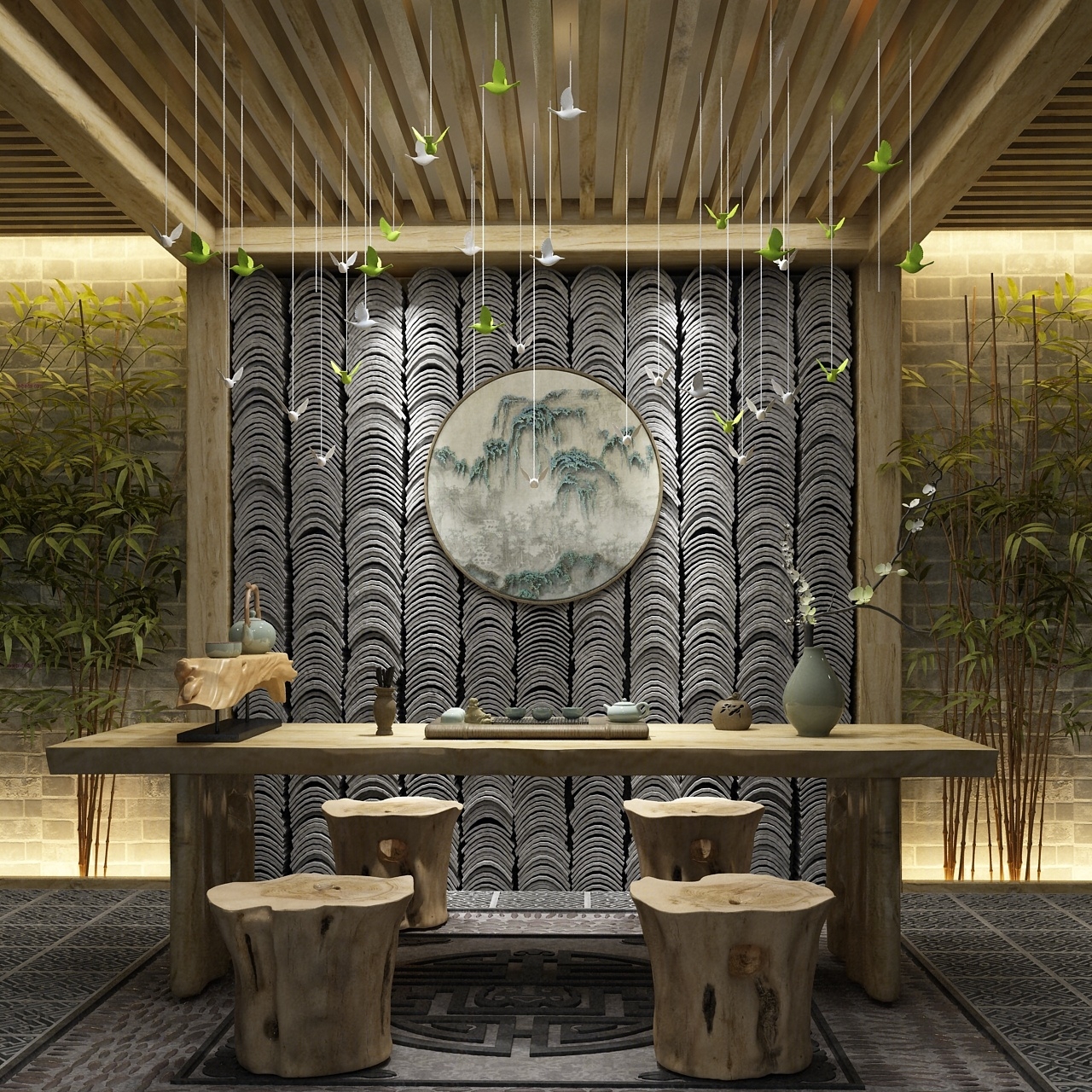 中式茶台茶桌椅瓦片背景墙饰品组合3D模型下载【ID:13925780】