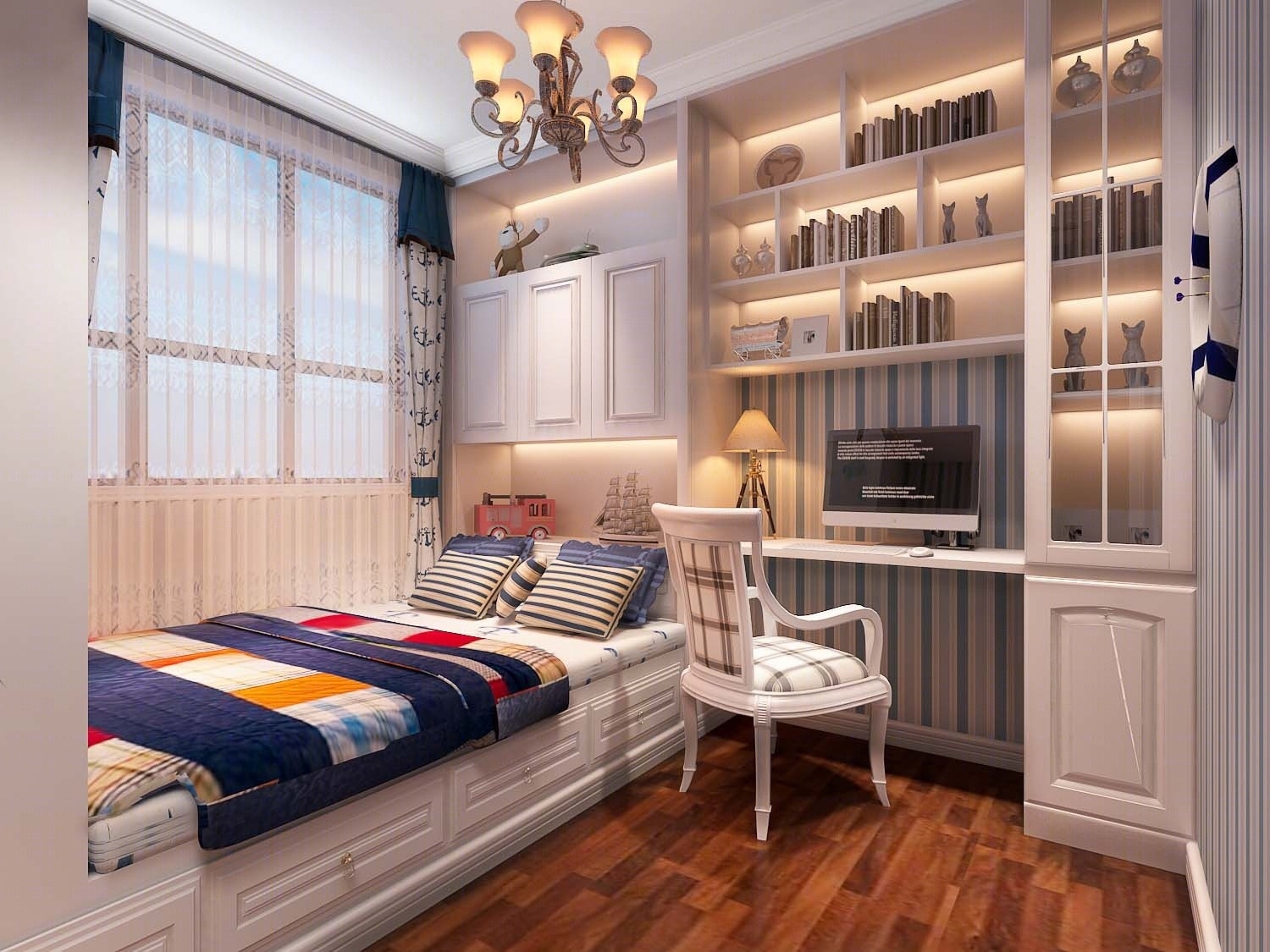 美式地中海简约榻榻米卧室衣柜书桌连体3D模型下载【ID:43948671】