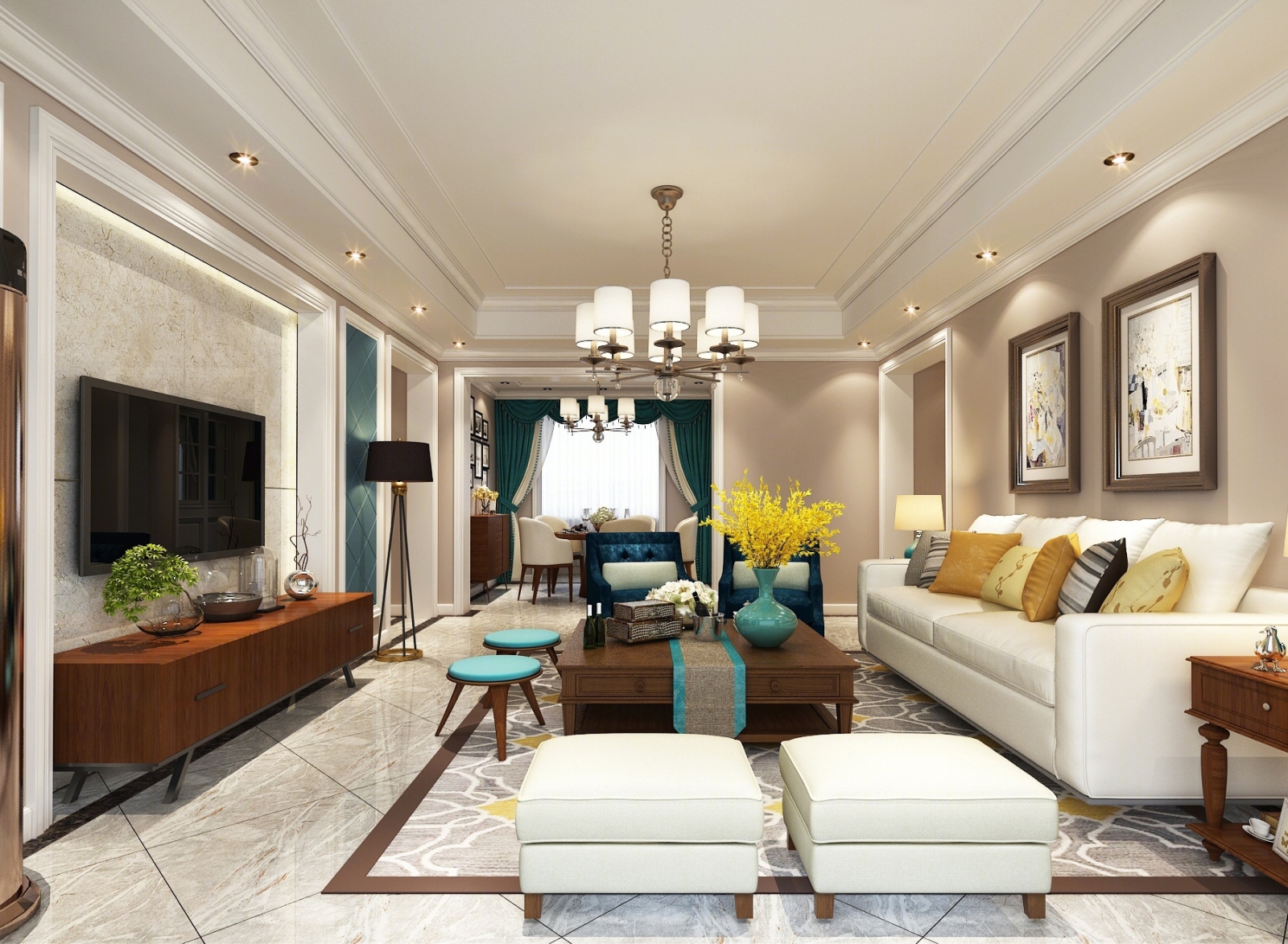 美式简约客餐厅全屋家庭装修有灯光材质贴图温馨浪漫沙发鞋柜客厅3D模型下载【ID:73957678】