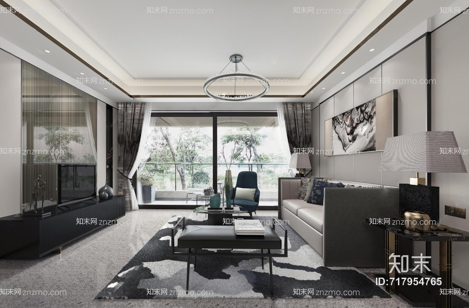 大集空间设计新中式客厅3D模型下载【ID:717954765】