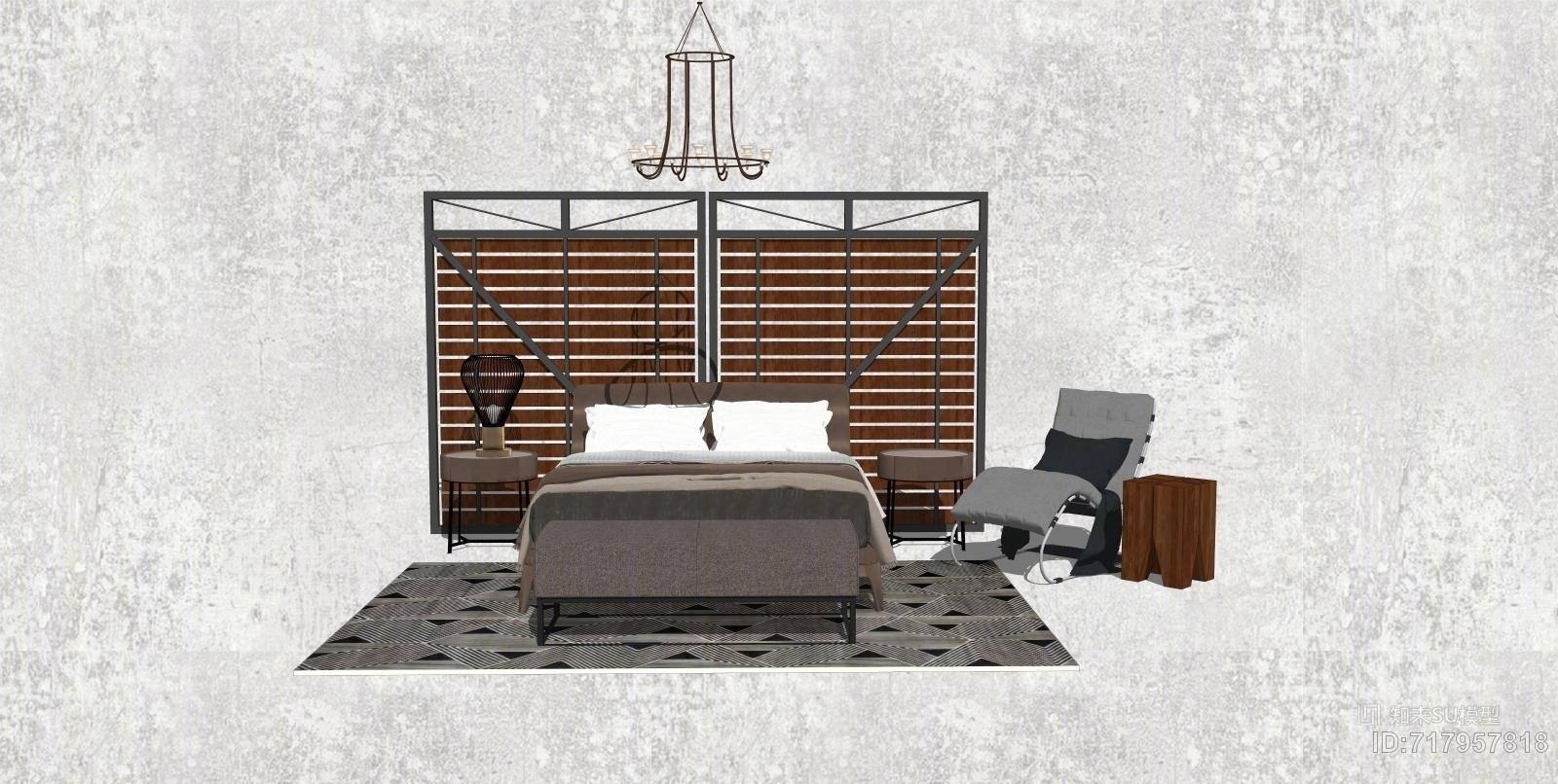 LOFT卧室床具组合床头柜休闲椅吊灯SU模型下载【ID:717957818】