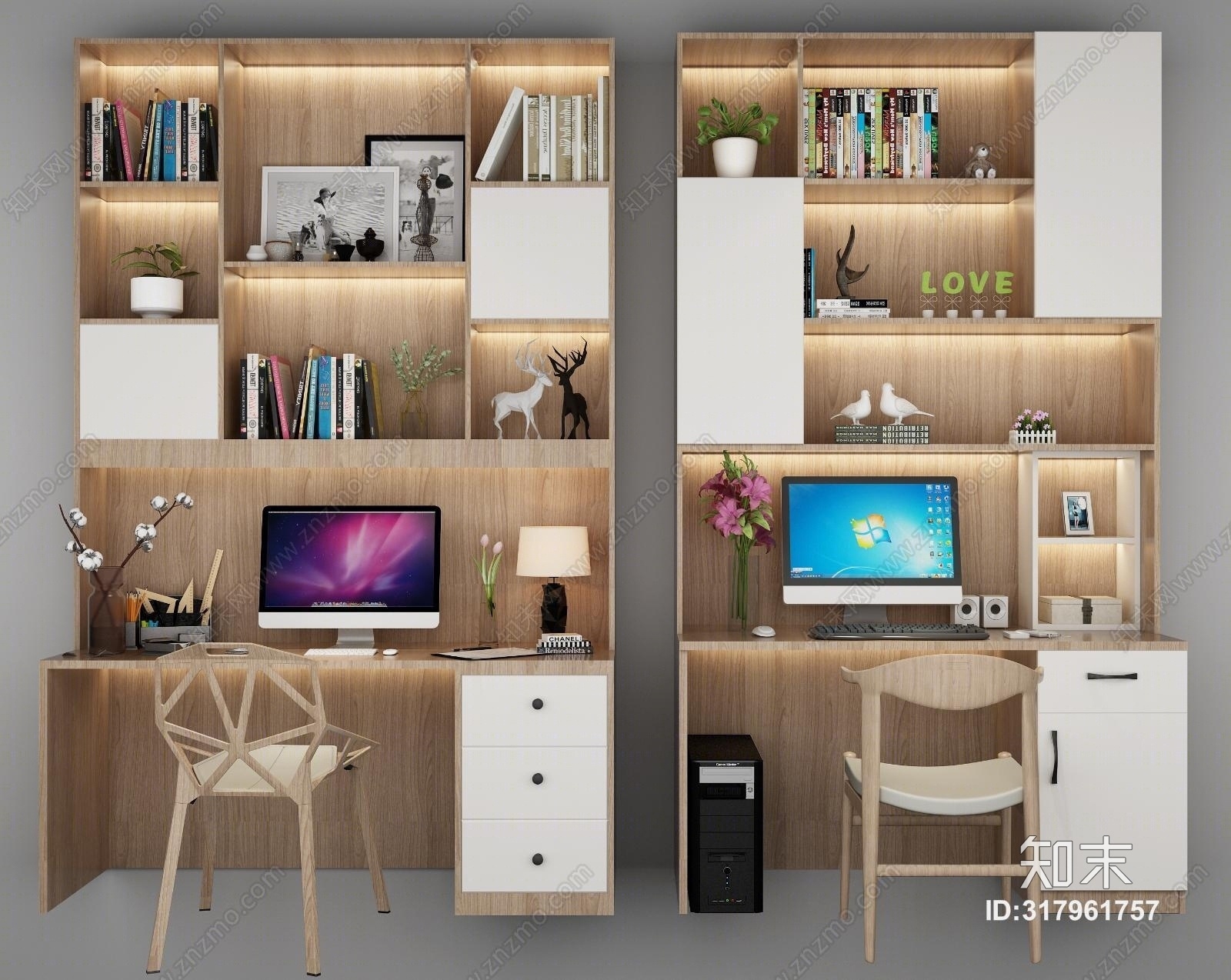 北欧书桌椅子组合3D模型下载【ID:317961757】