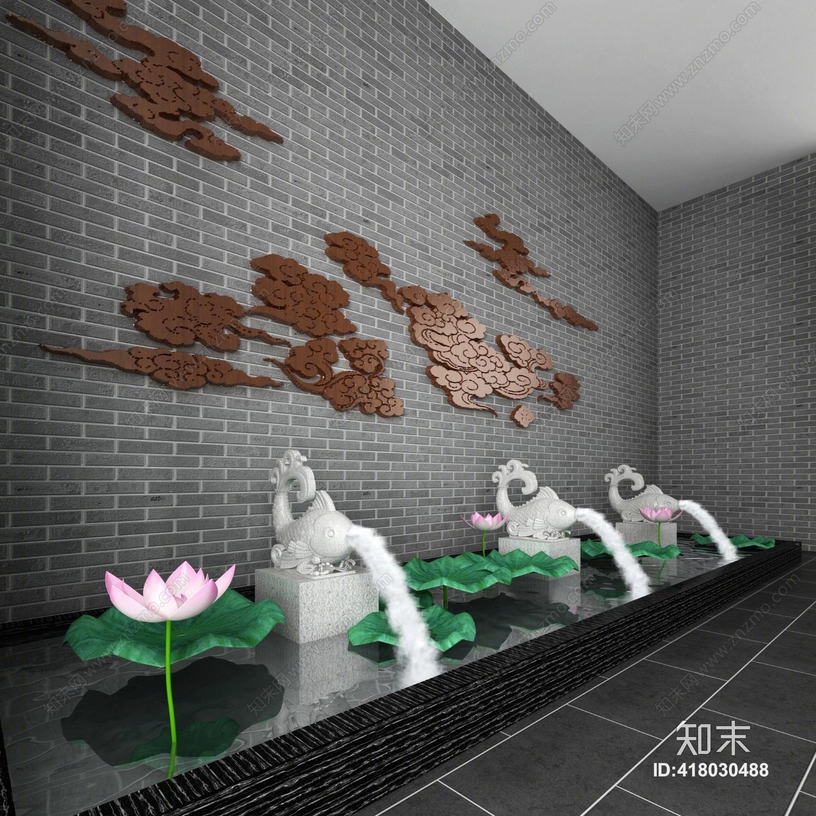新中式水池喷泉云挂件荷花石雕3D模型下载【ID:418030488】