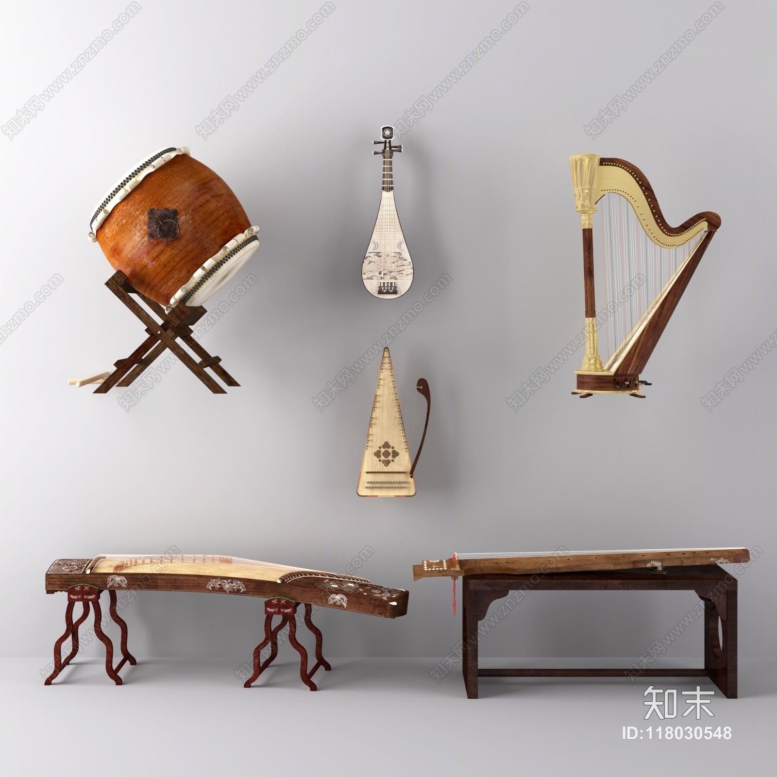 现代鼓琵古筝竖琴琵琶古琴乐器3D模型下载【ID:118030548】