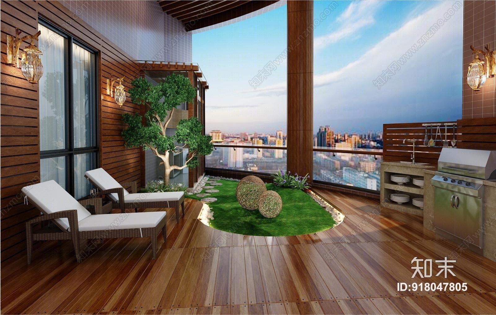 阳台空中花园户外椅树草地平台花园3D模型下载【ID:918047805】