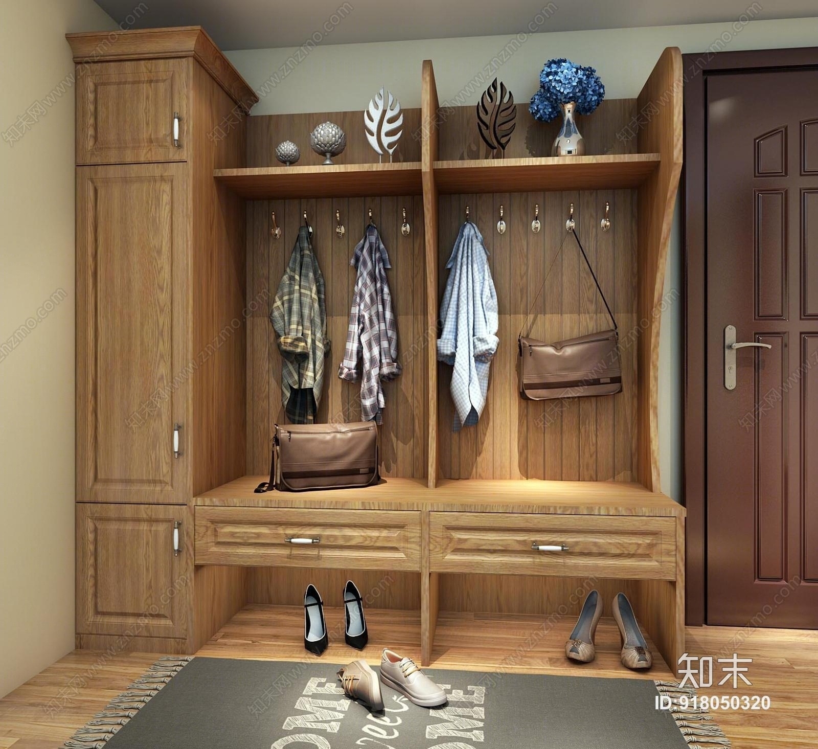 简欧中式现代实木鞋柜衣服挂件3D模型下载【ID:918050320】