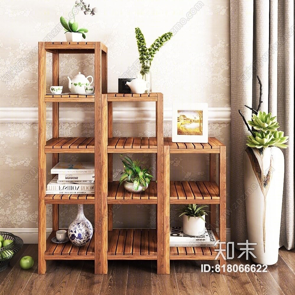 新中式实木花架3D模型下载【ID:818066622】