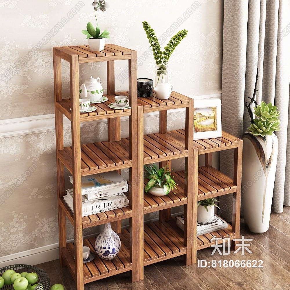 新中式实木花架3D模型下载【ID:818066622】