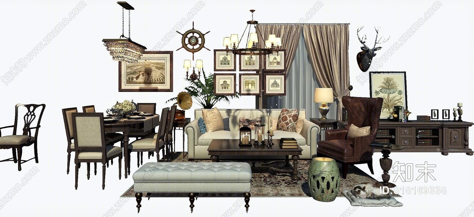 美式简约沙发餐桌椅客厅休闲椅电视柜装饰品组合3D模型下载【ID:818169338】