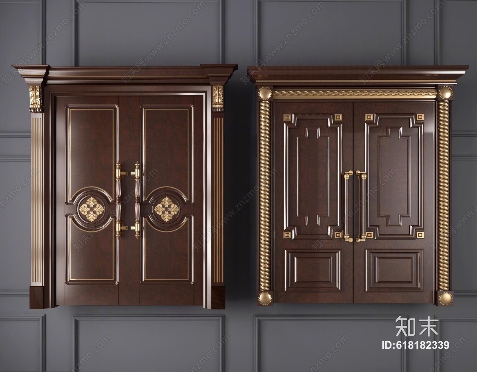 欧式雕花实木双开门欧式门描金门简欧门欧式门把手拉手3D模型下载【ID:618182339】