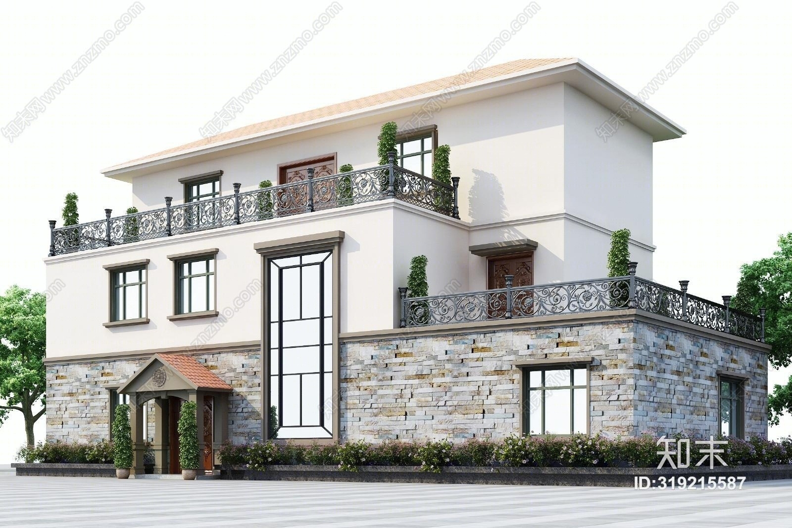 欧式别墅建筑庭院3D模型下载【ID:319215587】