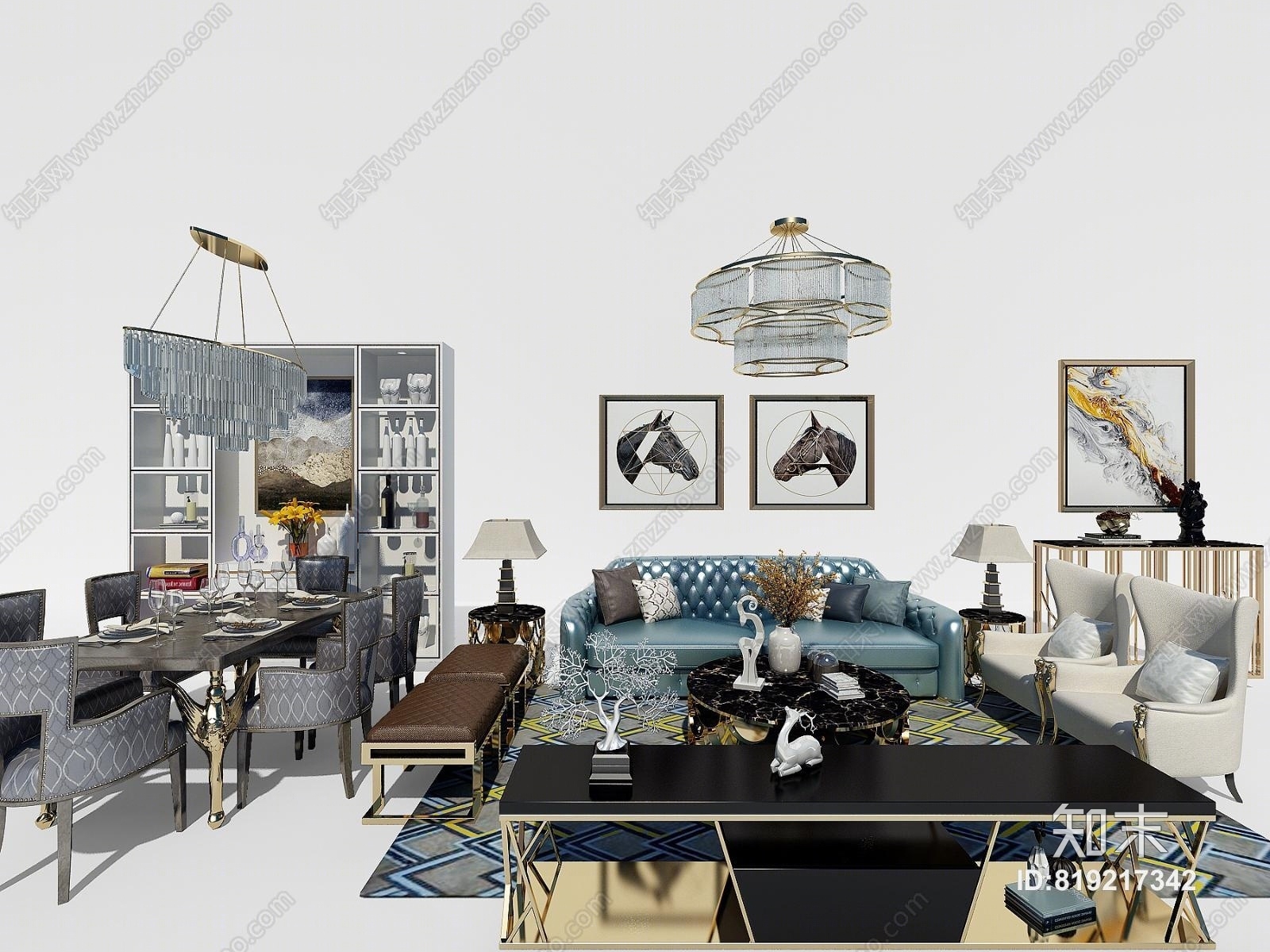 简欧风格家具餐桌电视柜沙发单椅吊灯饰品3D模型下载【ID:819217342】