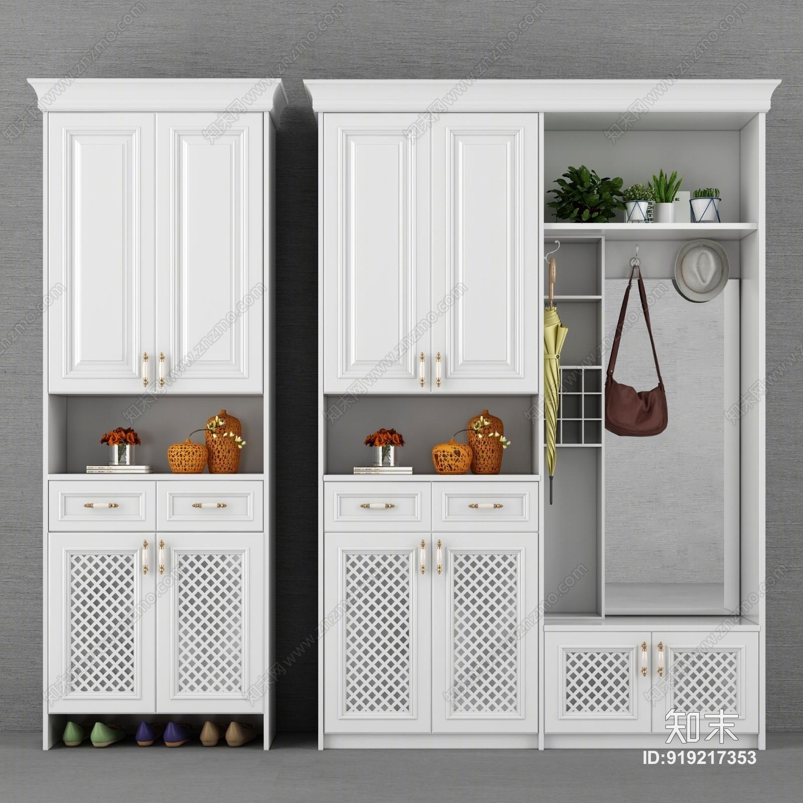 欧式简欧美式实木鞋柜简欧鞋柜白色鞋柜北欧鞋柜植物摆件雨伞挂包包包帽3D模型下载【ID:919217353】