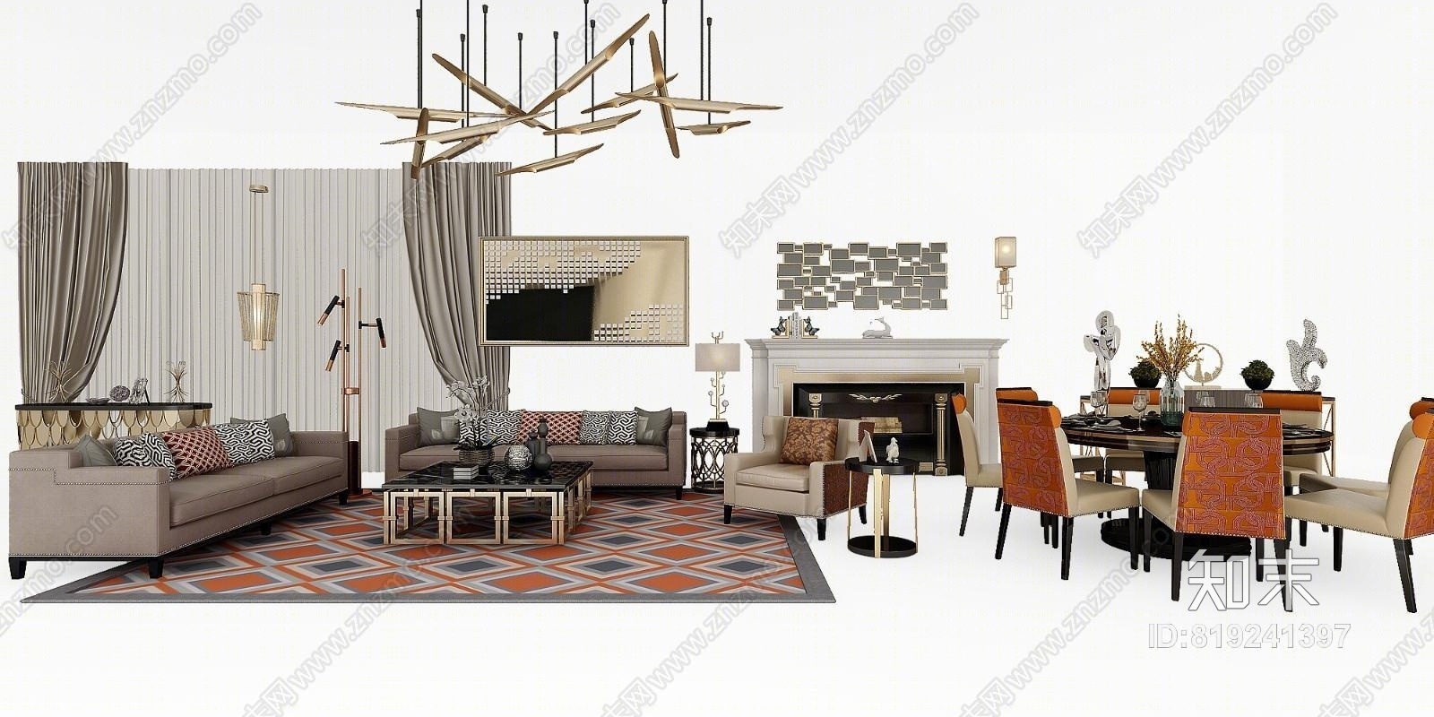 欧式简约沙发餐桌吊灯茶几饰品组合3D模型下载【ID:819241397】