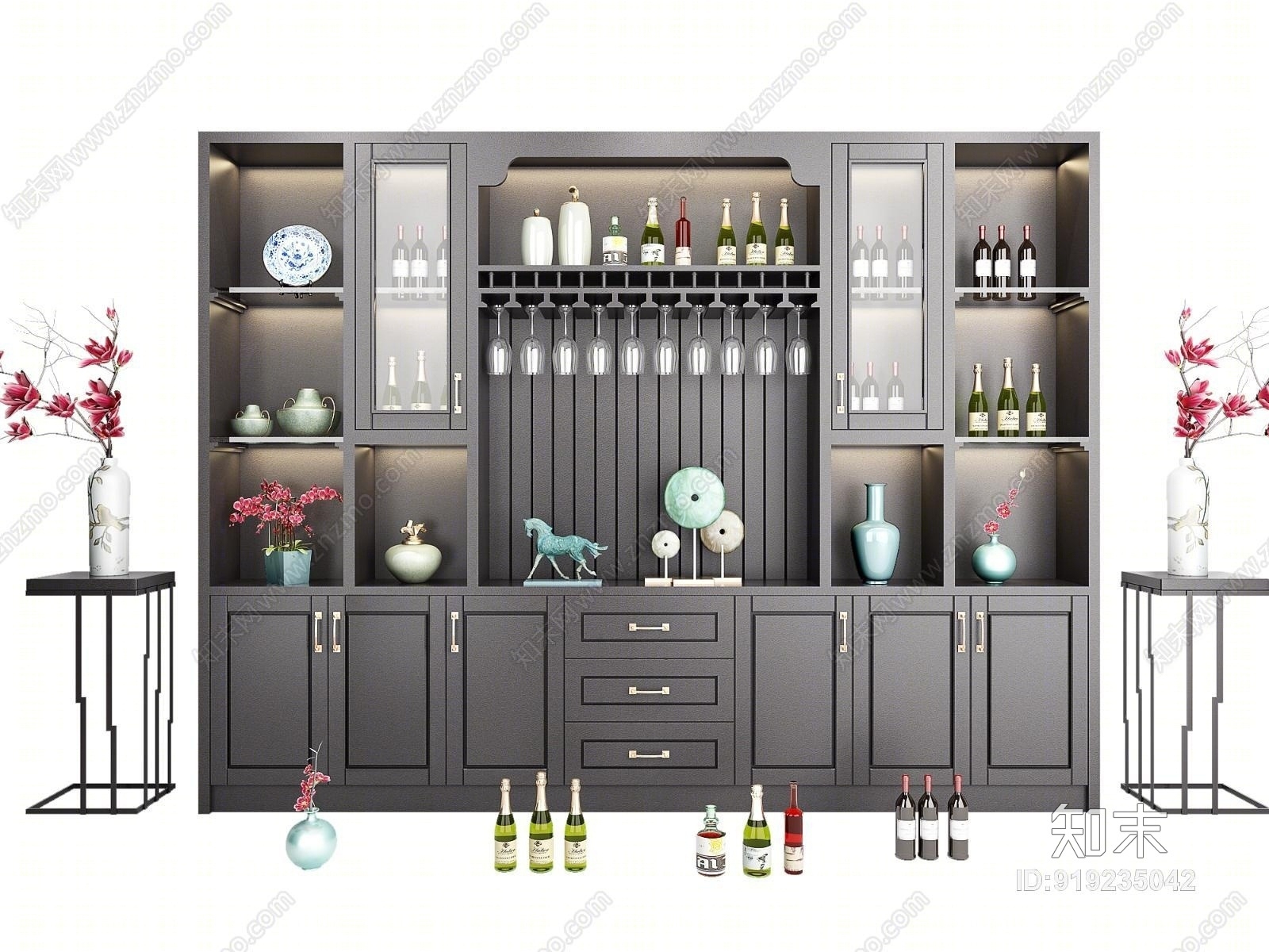 新中式酒柜装饰品组合3D模型下载【ID:919235042】