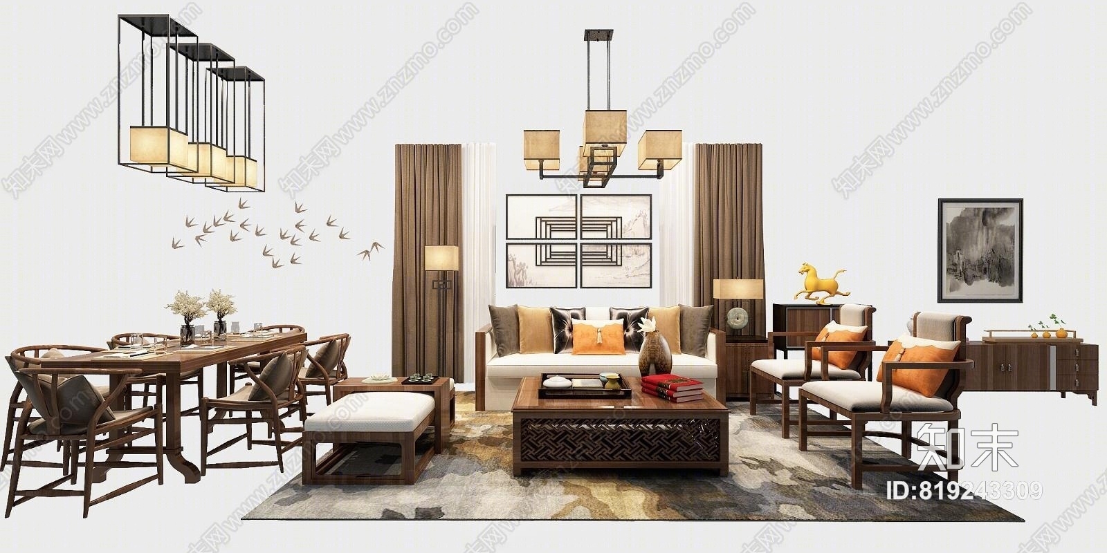 新中式吊灯客厅沙发餐桌茶几电视柜饰品边柜挂画组合3D模型下载【ID:819243309】