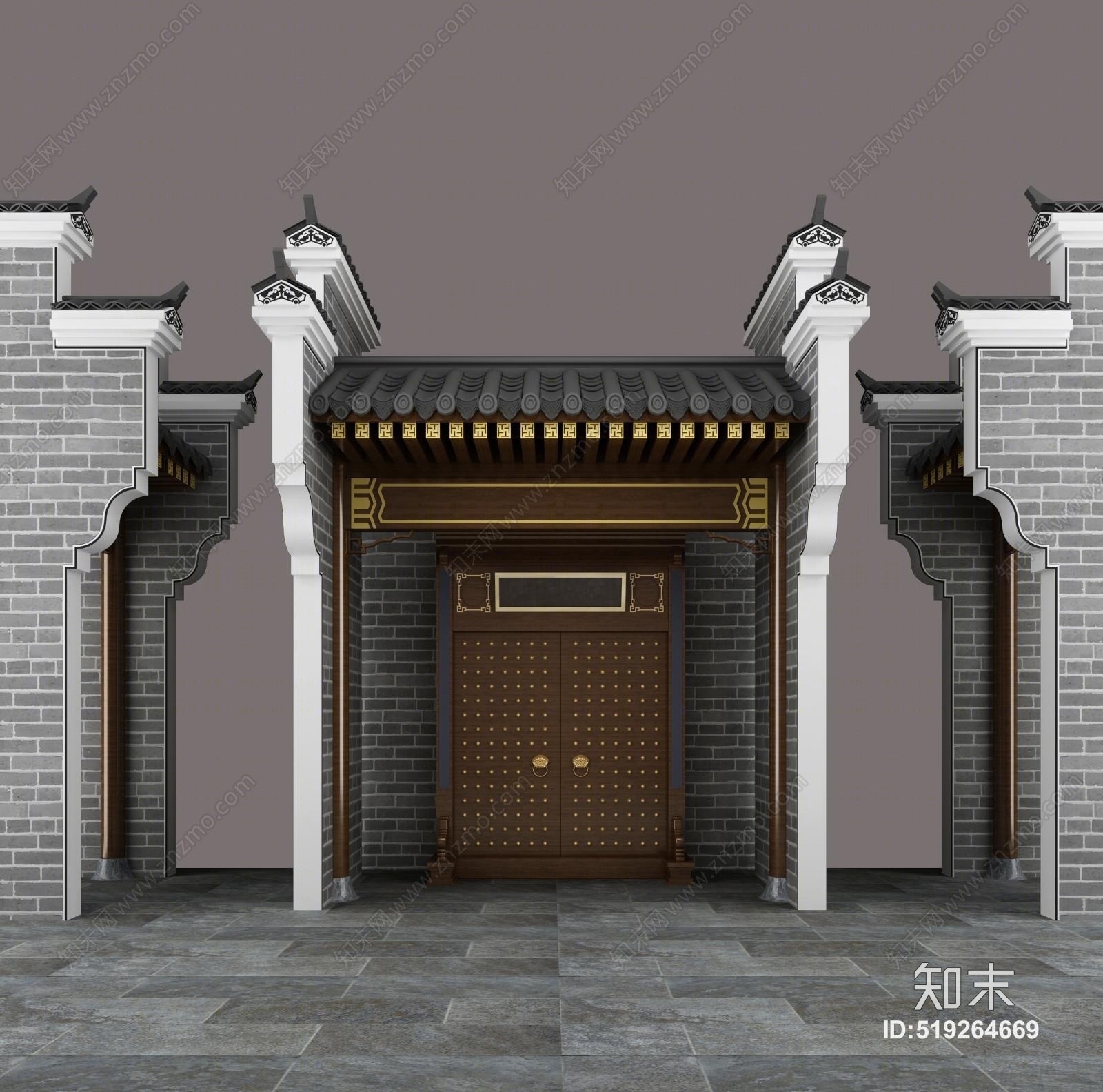 传统中式古建门头马头墙牌坊中式大门双开门3D模型下载【ID:519264669】