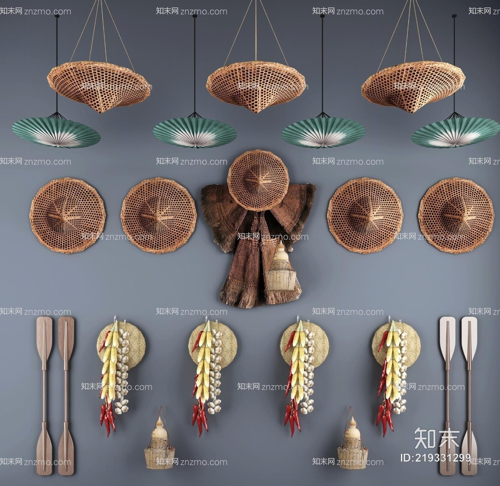 传统中式农庄竹藤斗笠油子伞蓑衣玉米辣椒蒜头墙饰挂件3D模型下载【ID:219331299】