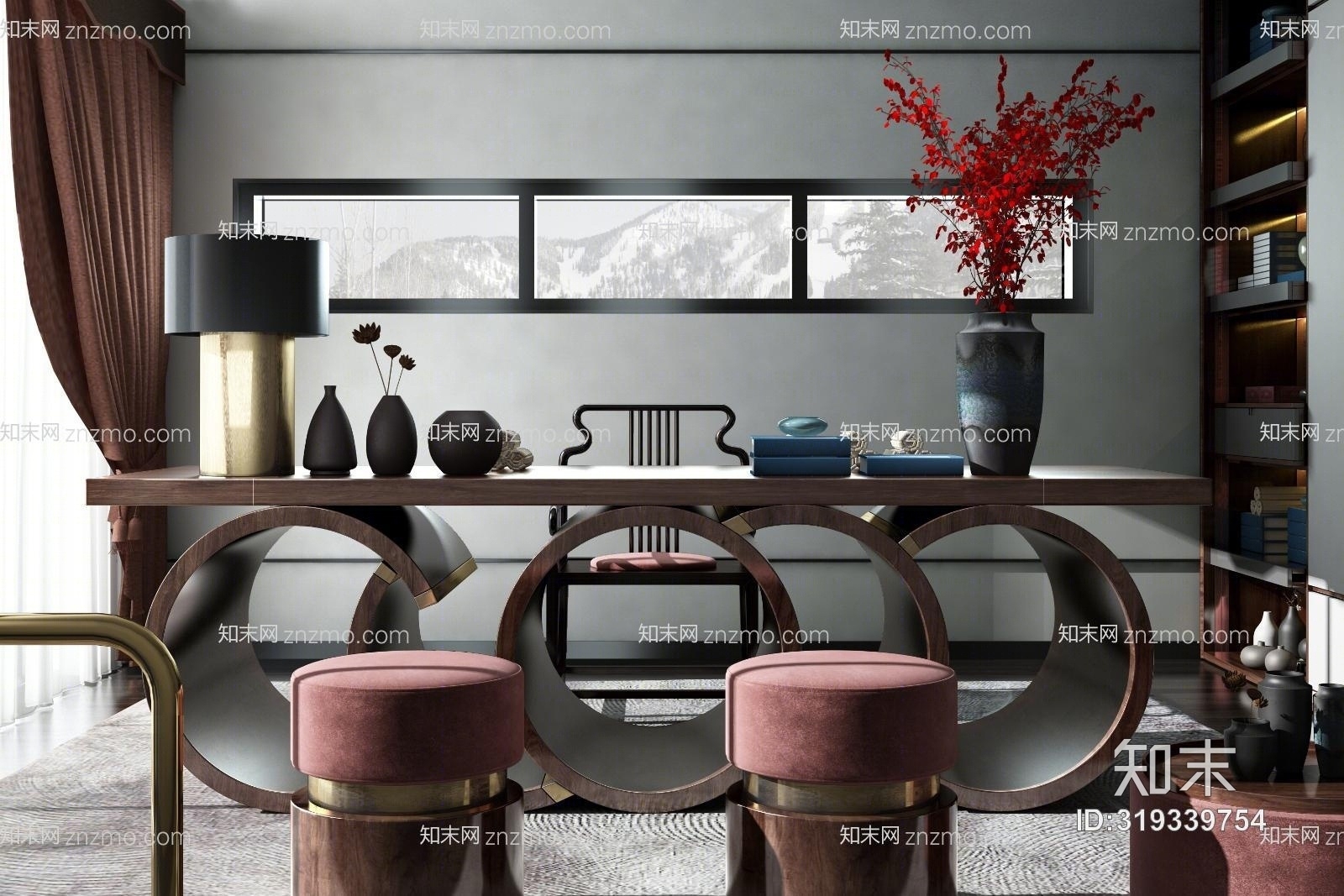 新中式书桌书椅书架组合3D模型下载【ID:319339754】