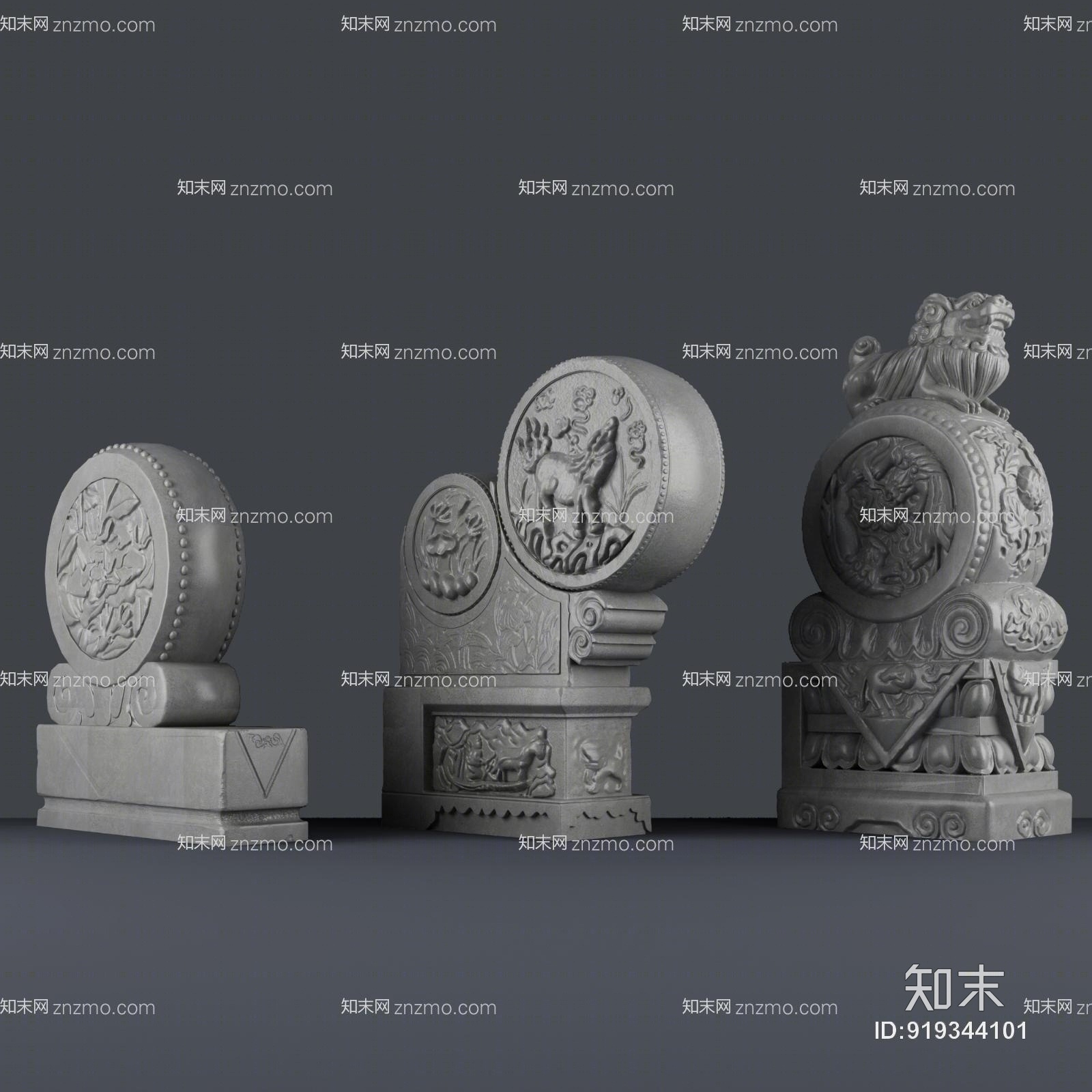 传统中式抱鼓石古建门头前石3D模型下载【ID:919344101】