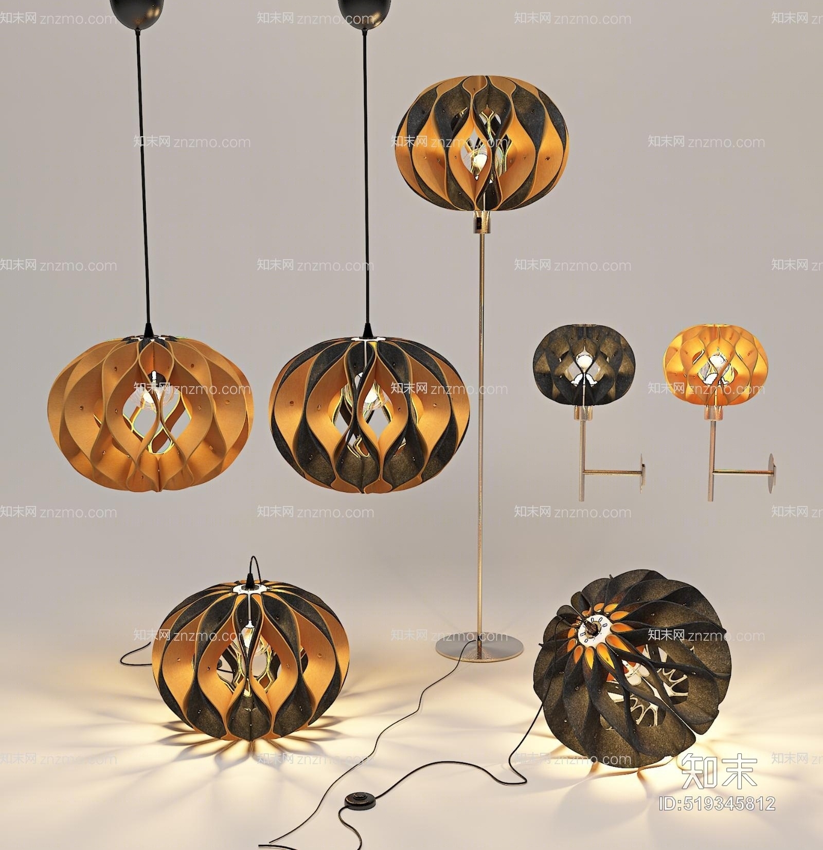 现代剪纸灯笼吊灯组合3D模型下载【ID:519345812】