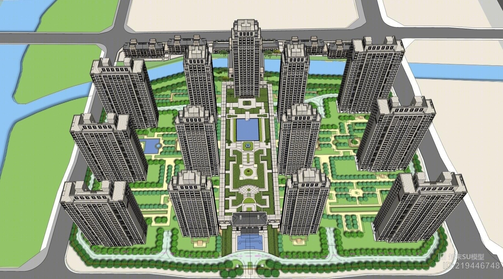 现代简欧风格小区建筑+售楼处建筑+水池+雕塑SU模型下载【ID:219446748】