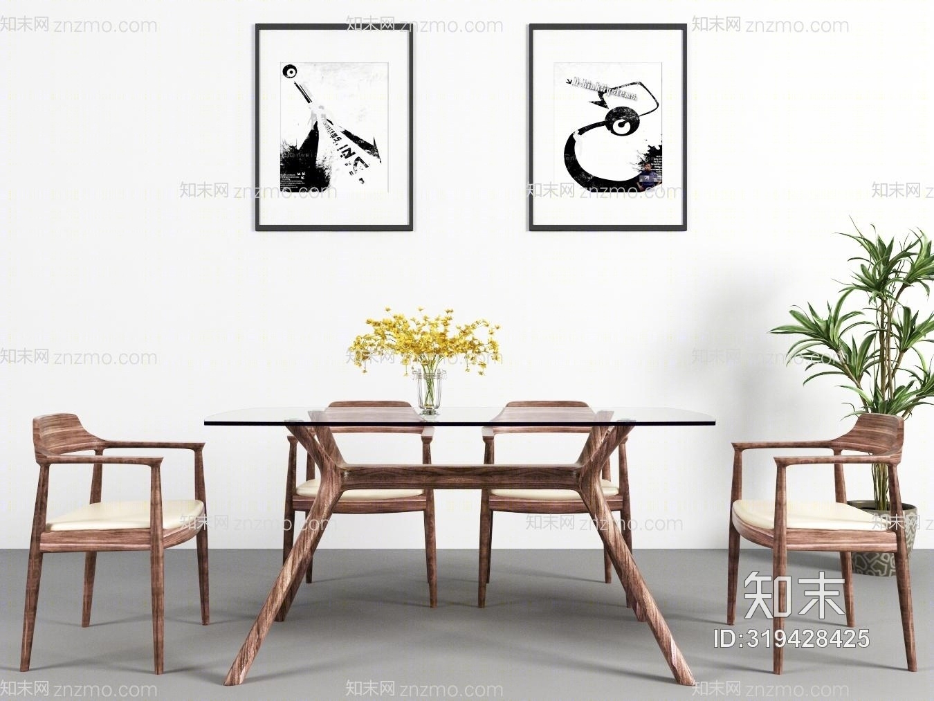 新中式餐桌椅绿植花瓶花卉挂画3D模型下载【ID:319428425】