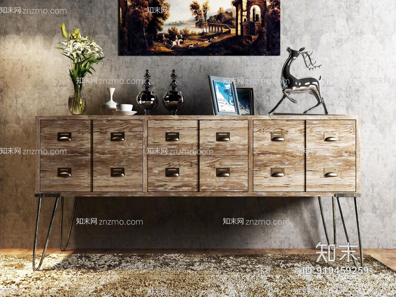工业风装饰柜挂画地毯饰品3D模型下载【ID:919459259】