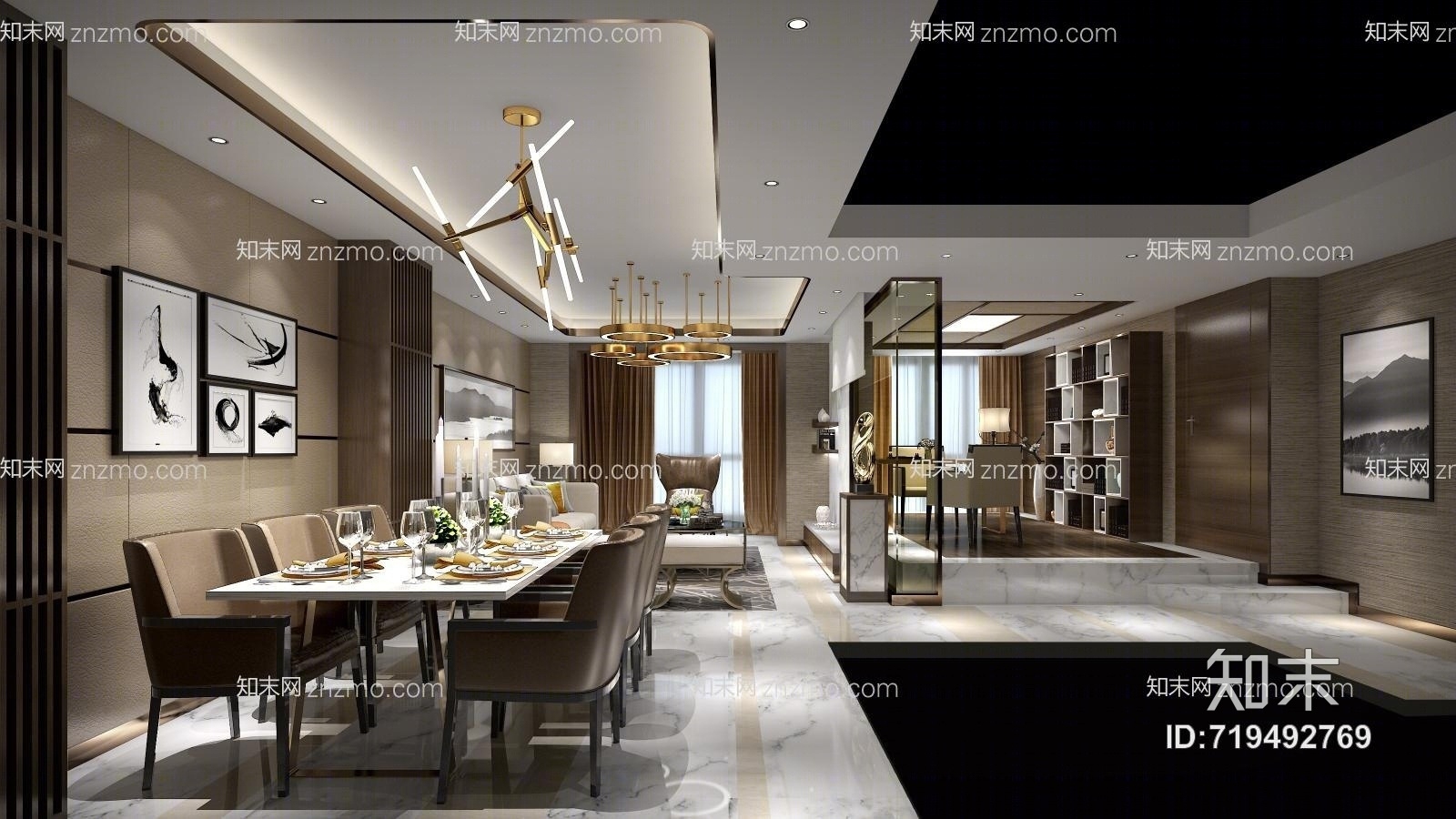 现代客厅餐厅效果图3D模型下载【ID:719492769】