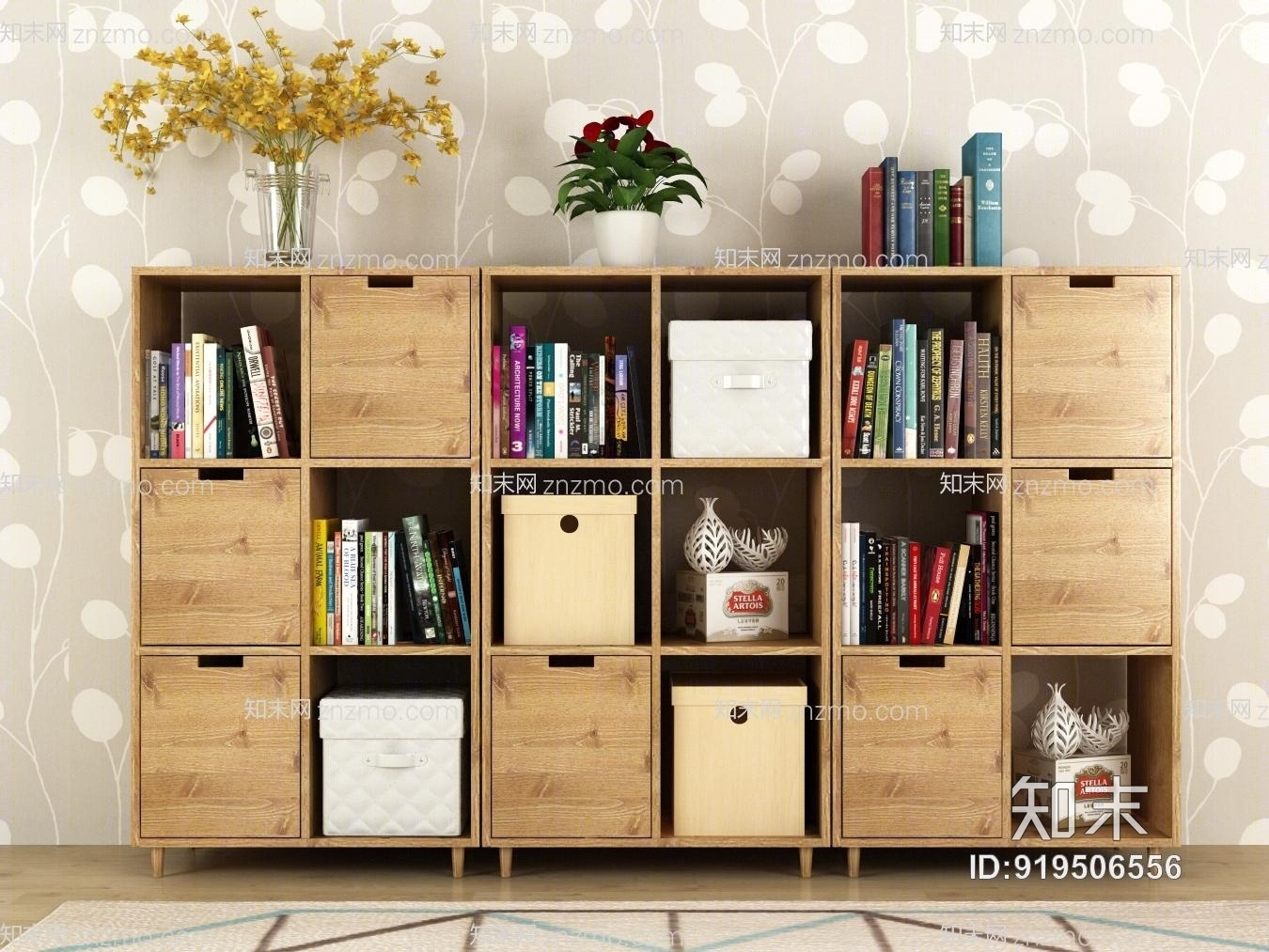 现代书柜边柜装饰柜绿植花瓶花卉饰品地毯3D模型下载【ID:919506556】
