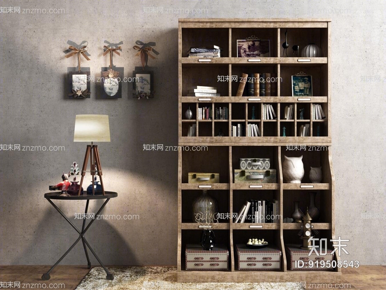 工业风书柜装饰柜圆几相框墙饰地毯书籍饰品3D模型下载【ID:919508543】