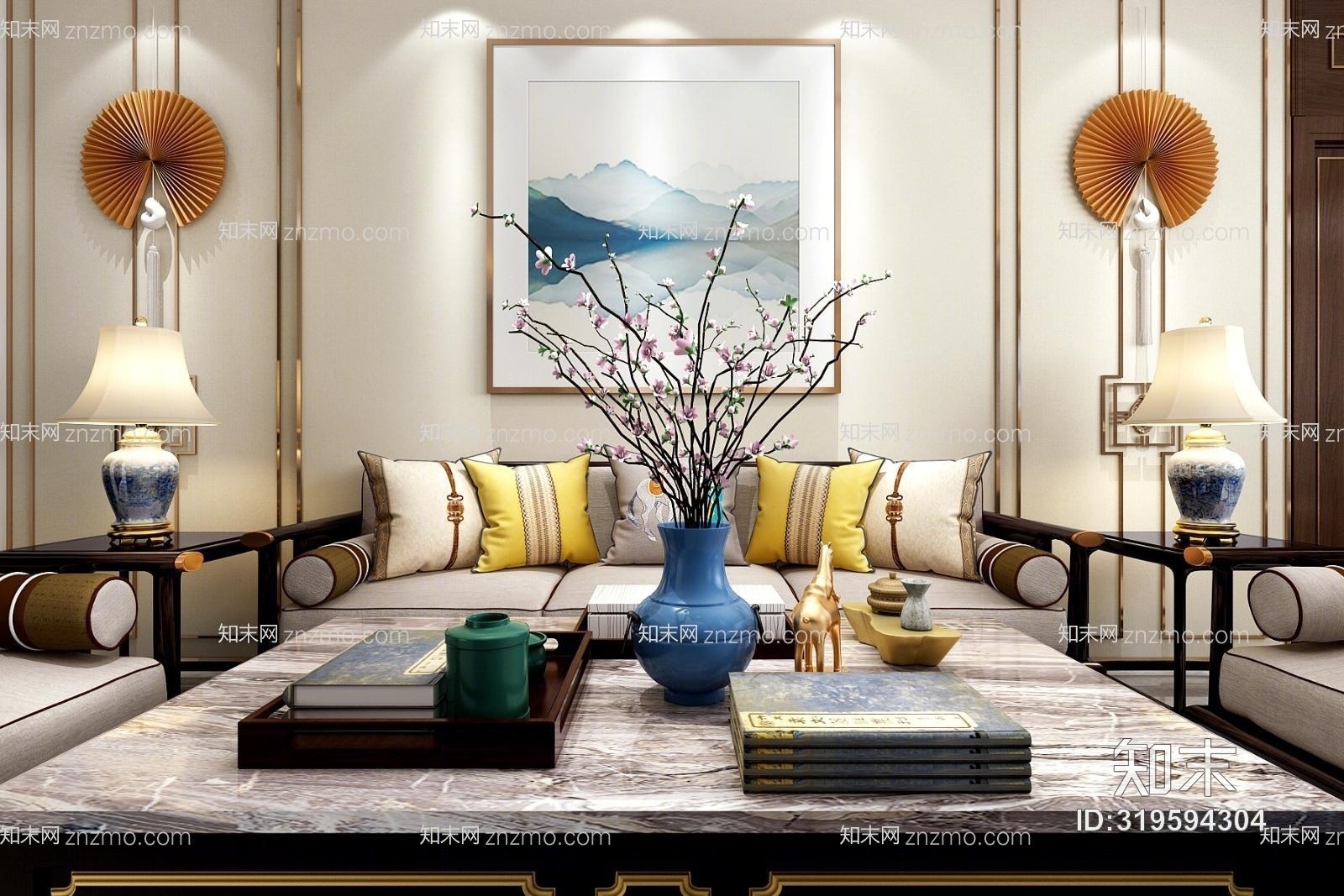 新中式客厅沙发茶几组合3D模型下载【ID:319594304】