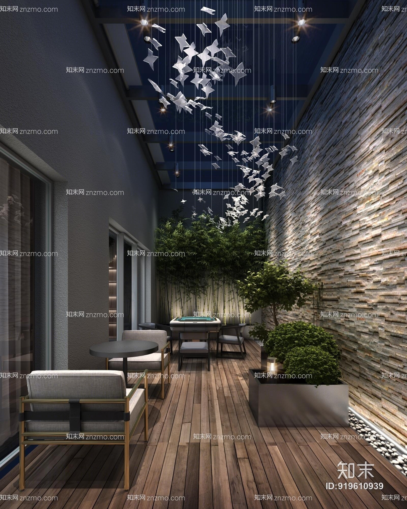 现代灰色调轻奢私人会所室内花园3D模型下载【ID:919610939】