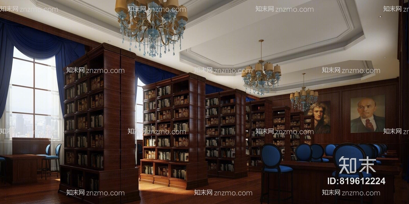 欧式古典图书馆3D模型下载【ID:819612224】