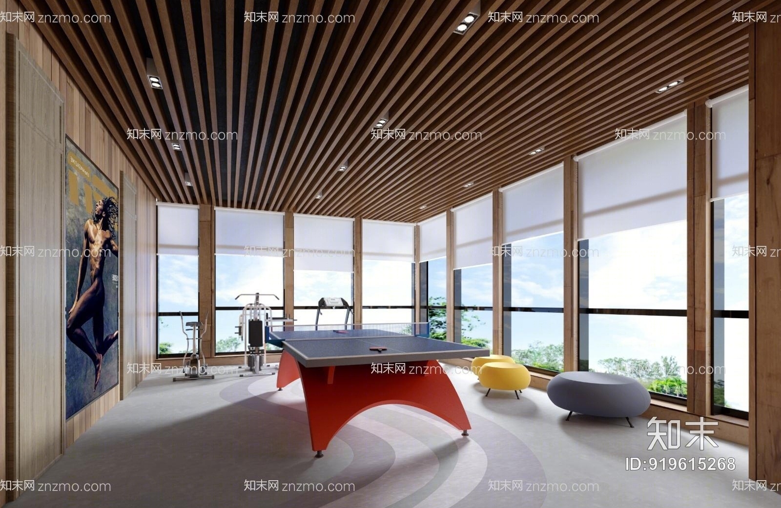 现代健身房乒乓球区3D模型下载【ID:919615268】