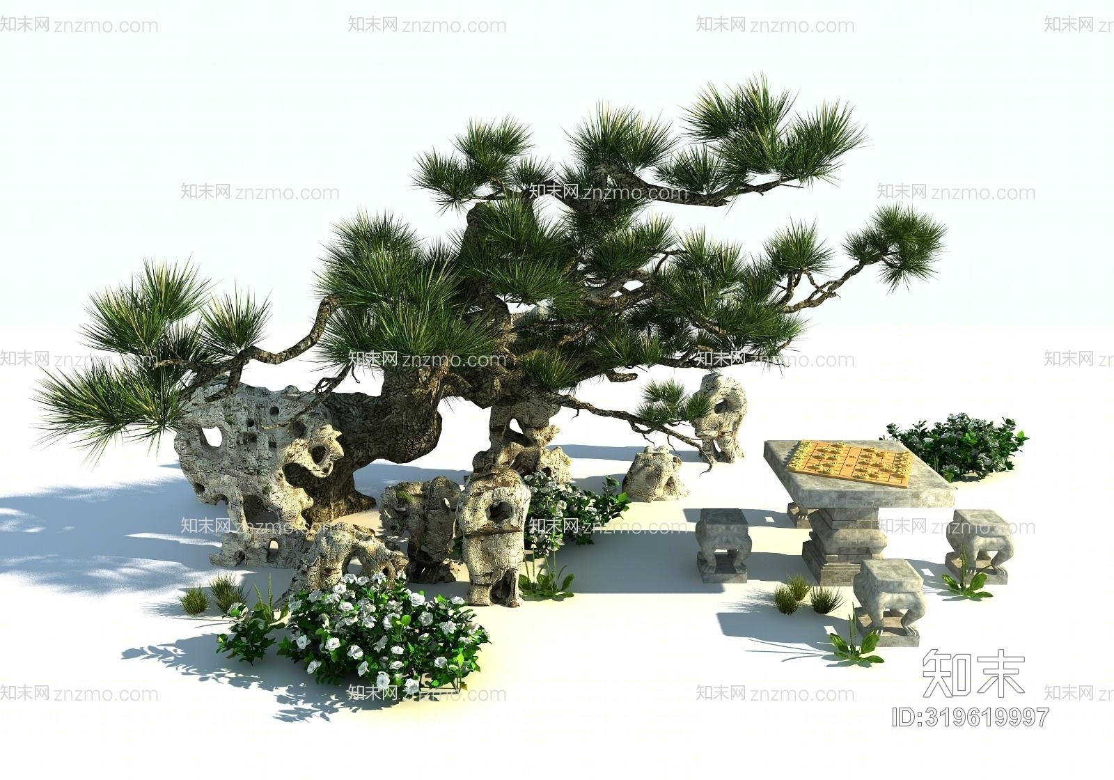 传统中式景观树松树假山灌木组合石凳石桌象棋3D模型下载【ID:319619997】