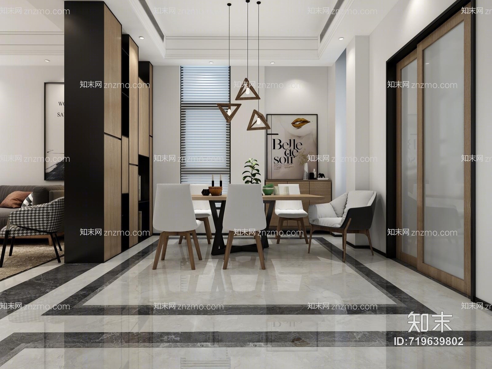 北欧现代别墅客餐厅沙发组合边柜壁炉木柴沙发电视背景墙吊灯简约木门波打线窗帘通风口3D模型下载【ID:719639802】