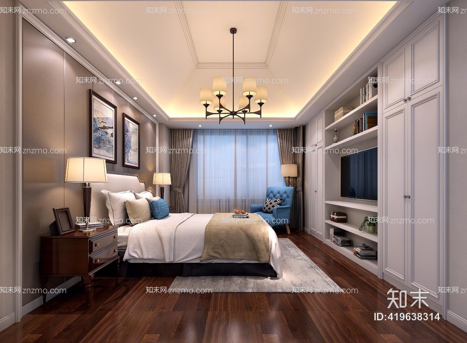 美式简约卧室装饰品吊灯3D模型下载【ID:419638314】