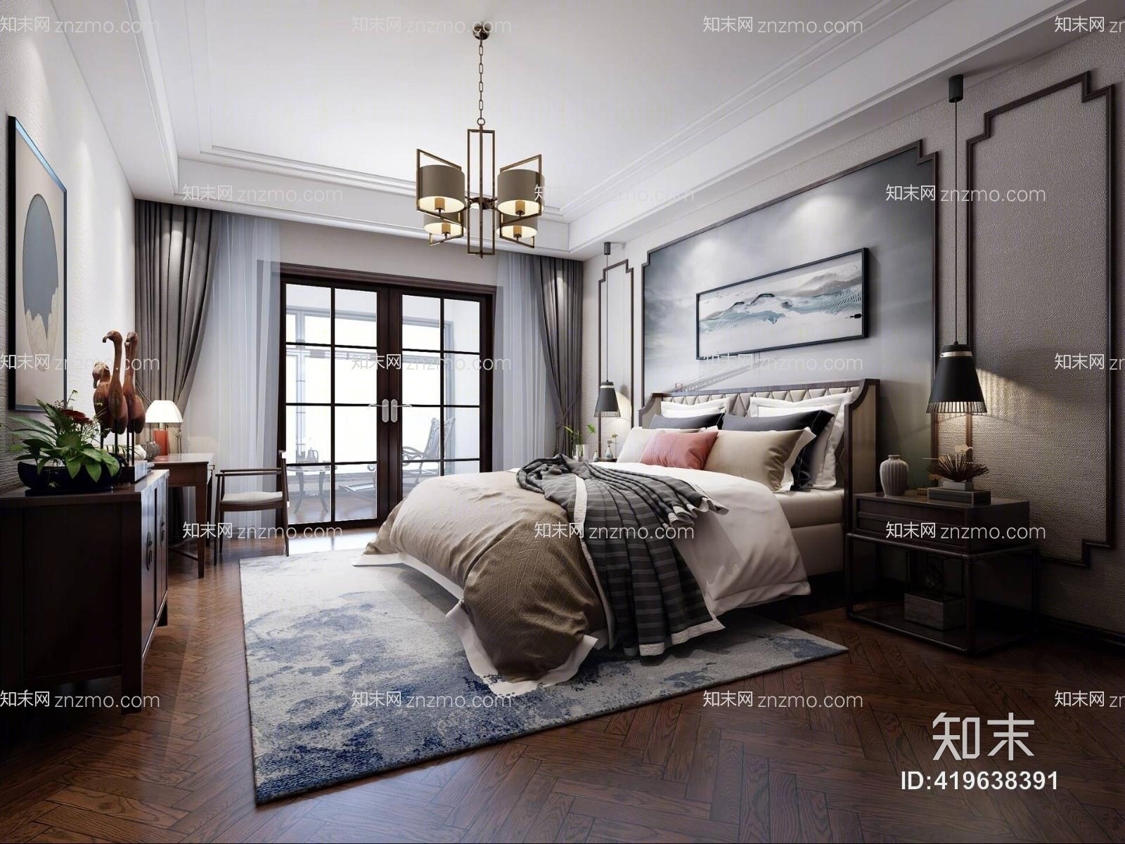 新中式卧室吊灯书桌床3D模型下载【ID:419638391】