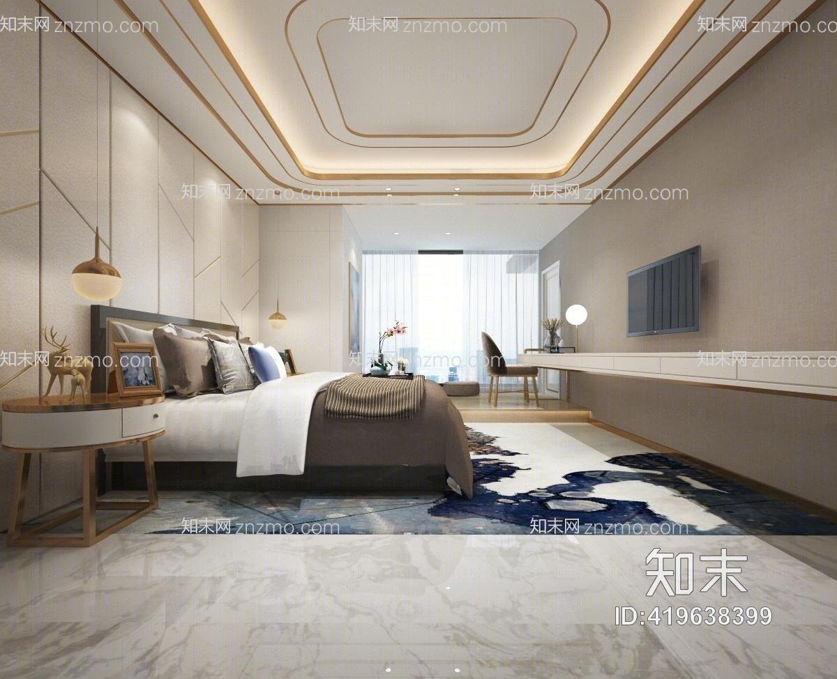 现代卧室玫瑰金吊顶3D模型下载【ID:419638399】