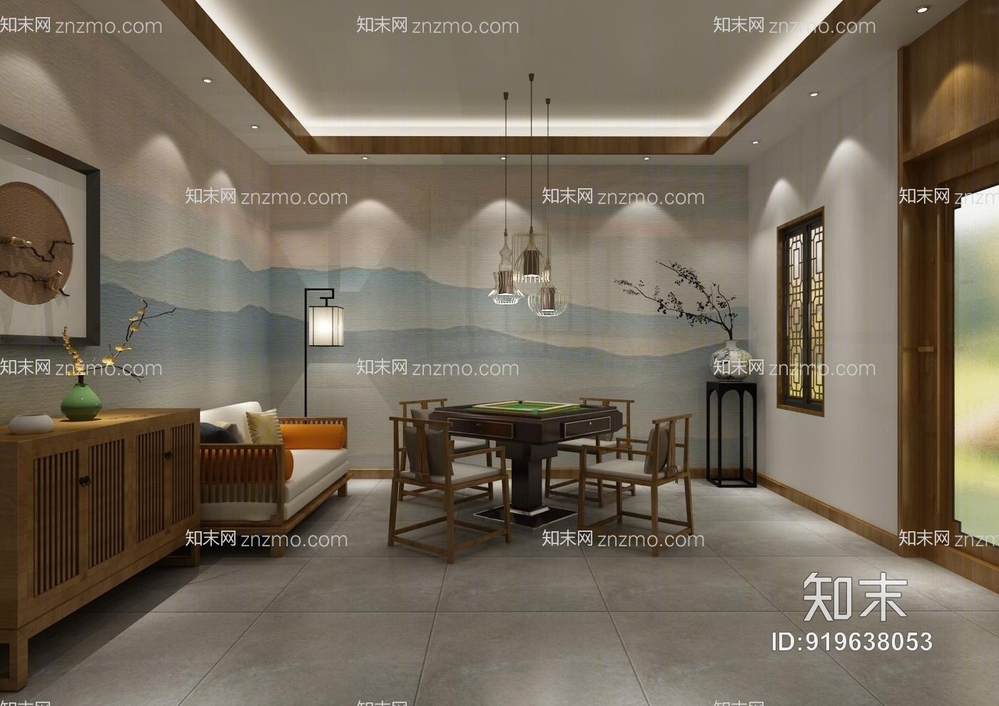 新中式棋牌室装饰柜挂画沙发麻将桌吊灯落地灯新中式摆件山水壁纸3D模型下载【ID:919638053】