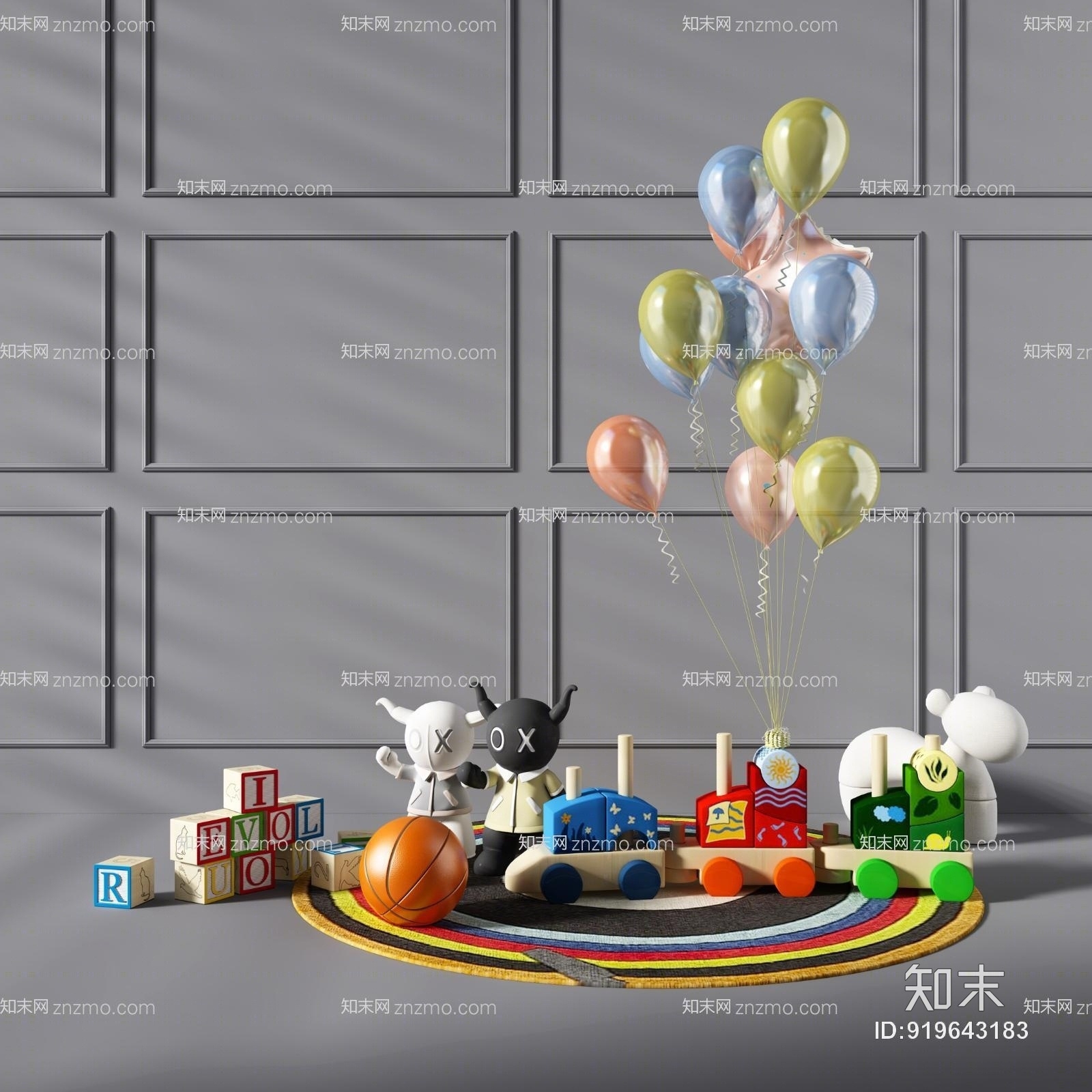 儿童房气球玩具车毛绒玩具公仔娃娃情侣公仔摆件玩偶魔方篮球圆形地毯3D模型下载【ID:919643183】