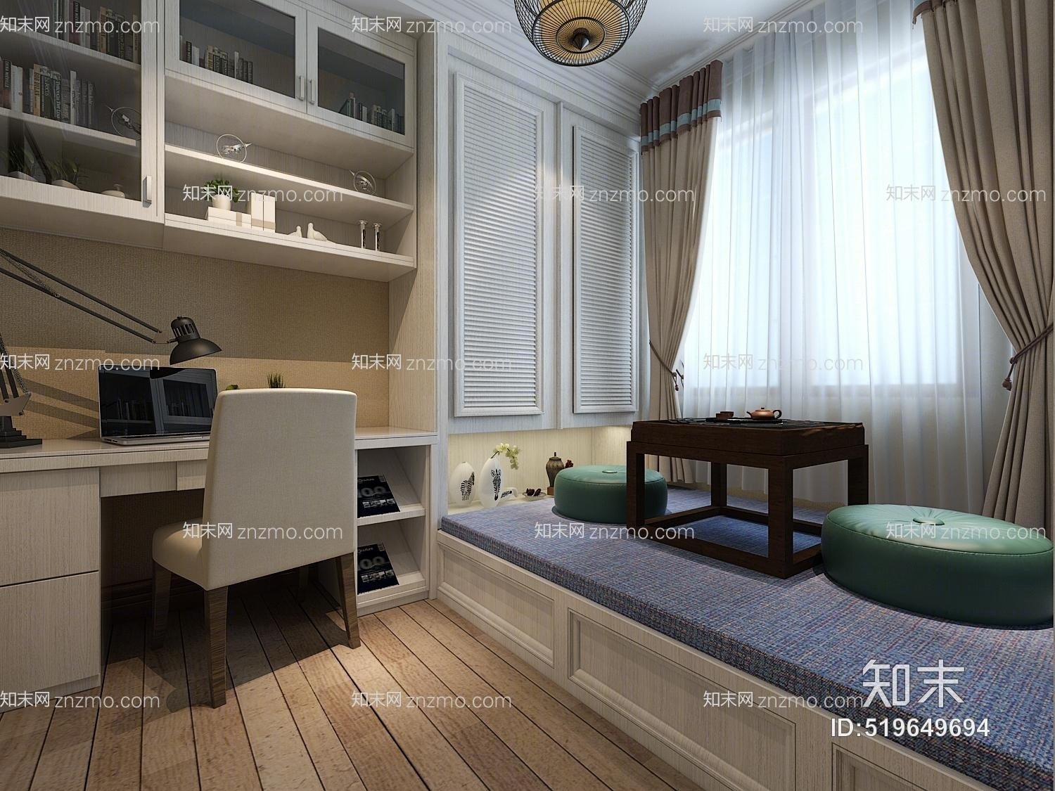 现代榻榻米电脑桌休闲木地板吧茶海衣柜书柜3D模型下载【ID:519649694】