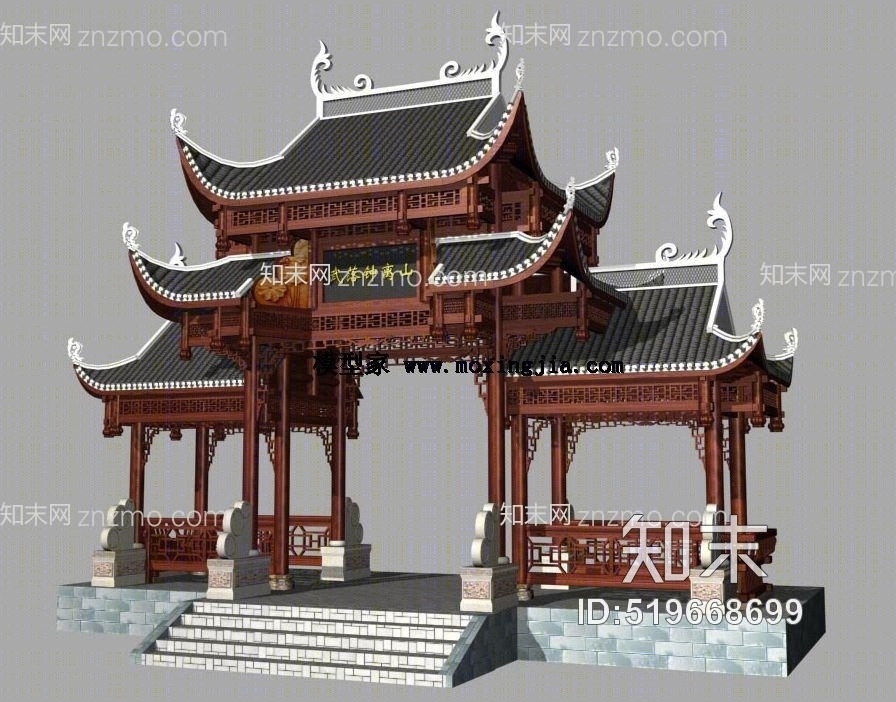 古建牌坊门楼青瓦3D模型下载【ID:519668699】