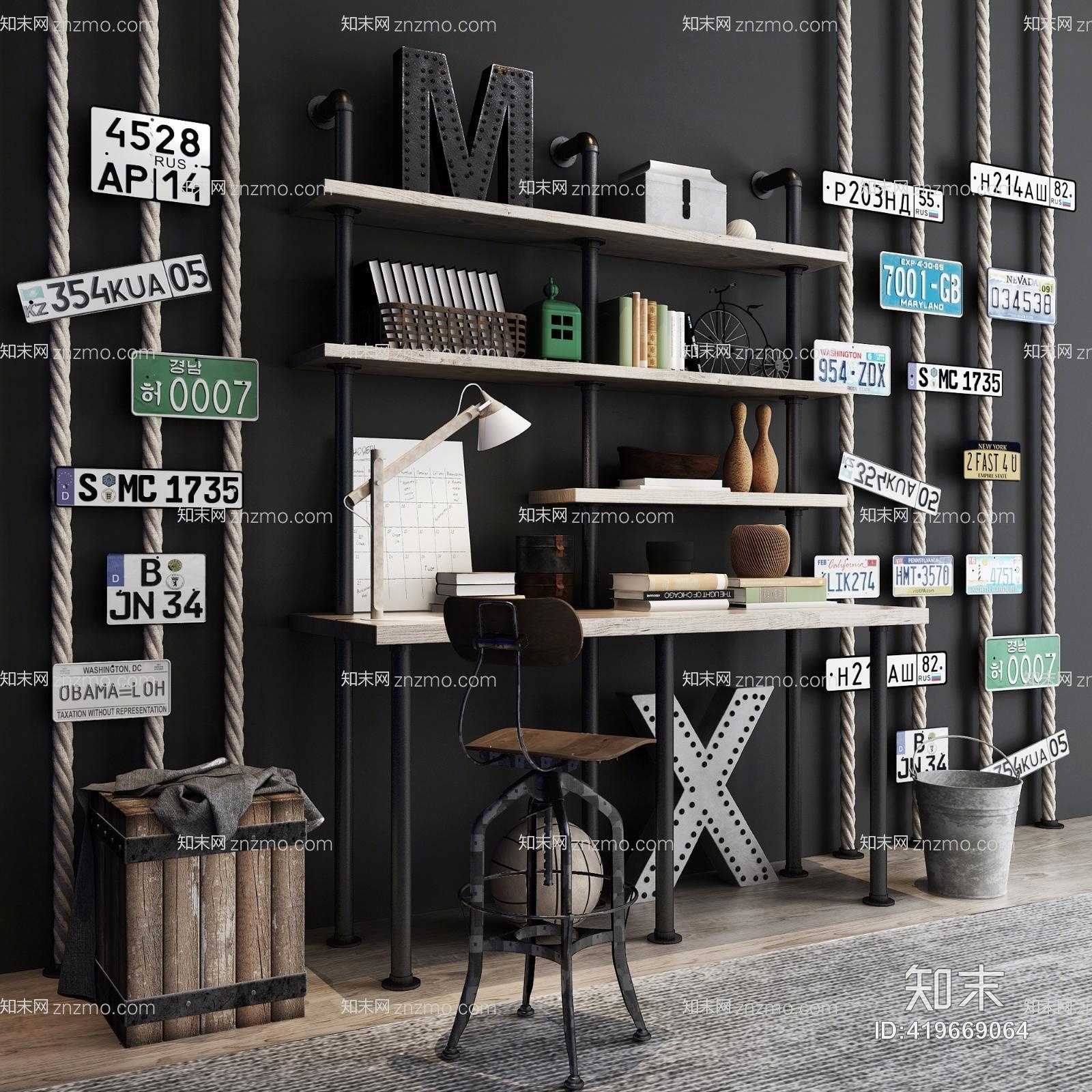 工业风连体书桌3D模型下载【ID:419669064】